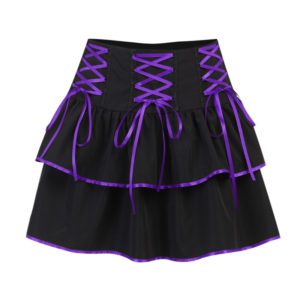 Lace-up Pleated Black Mini Skirt Purple Full Front
