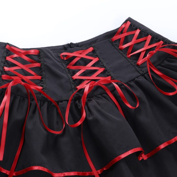 Lace-up Pleated Black Mini Skirt Red Details
