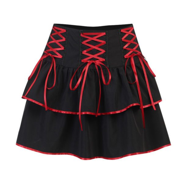 Lace-up Pleated Black Mini Skirt Red