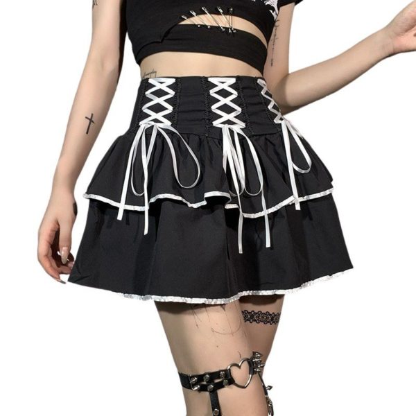 Lace-up Pleated Black Mini Skirt White 3