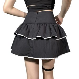 Lace-up Pleated Black Mini Skirt White Back