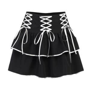 Lace-up Pleated Black Mini Skirt White Full