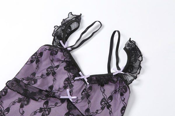 Purple Floral Lace Mini Dress with Bows Details