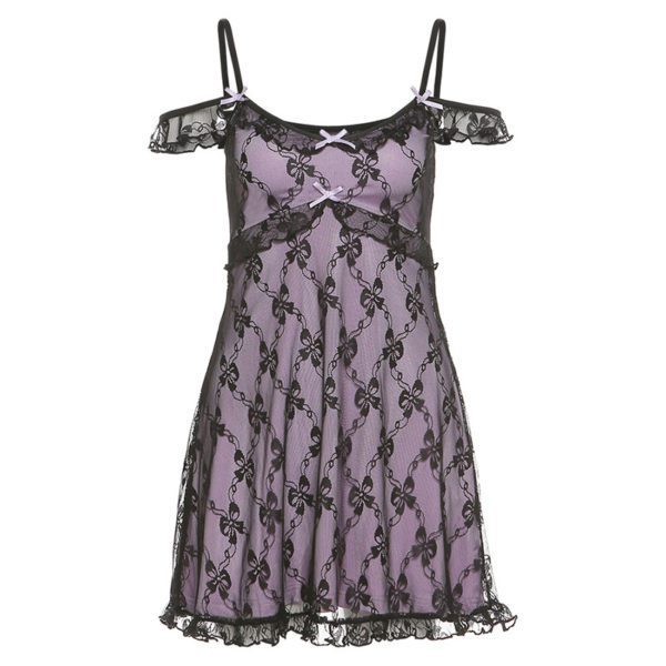 Purple Floral Lace Mini Dress with Bows Full