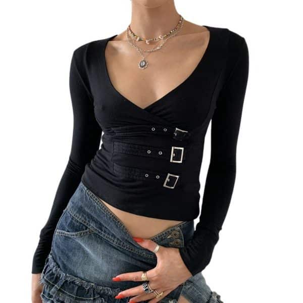 Black Crop Top with Double Belts