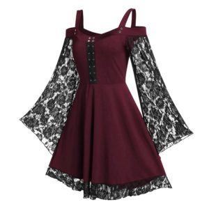Gothic Floral Lace Sleeve Dress Burgundy 2