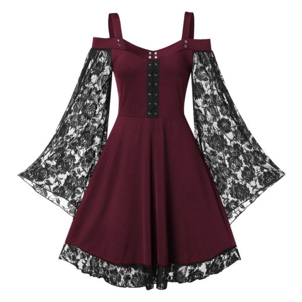 Gothic Floral Lace Sleeve Dress Burgundy