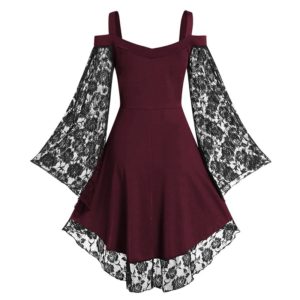 Gothic Floral Lace Sleeve Dress Burgundy Back
