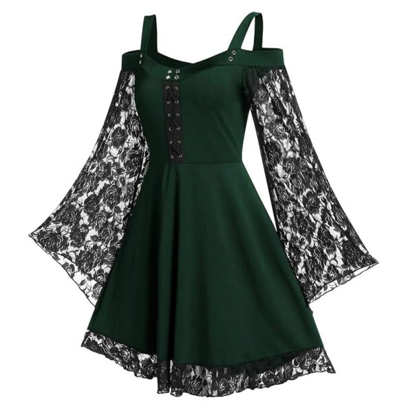 Gothic Floral Lace Sleeve Dress Green 2