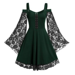Gothic Floral Lace Sleeve Dress Green