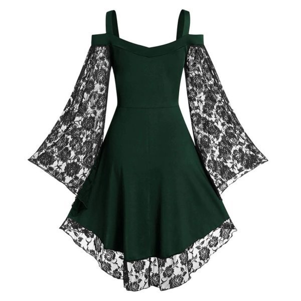 Gothic Floral Lace Sleeve Dress Green Back