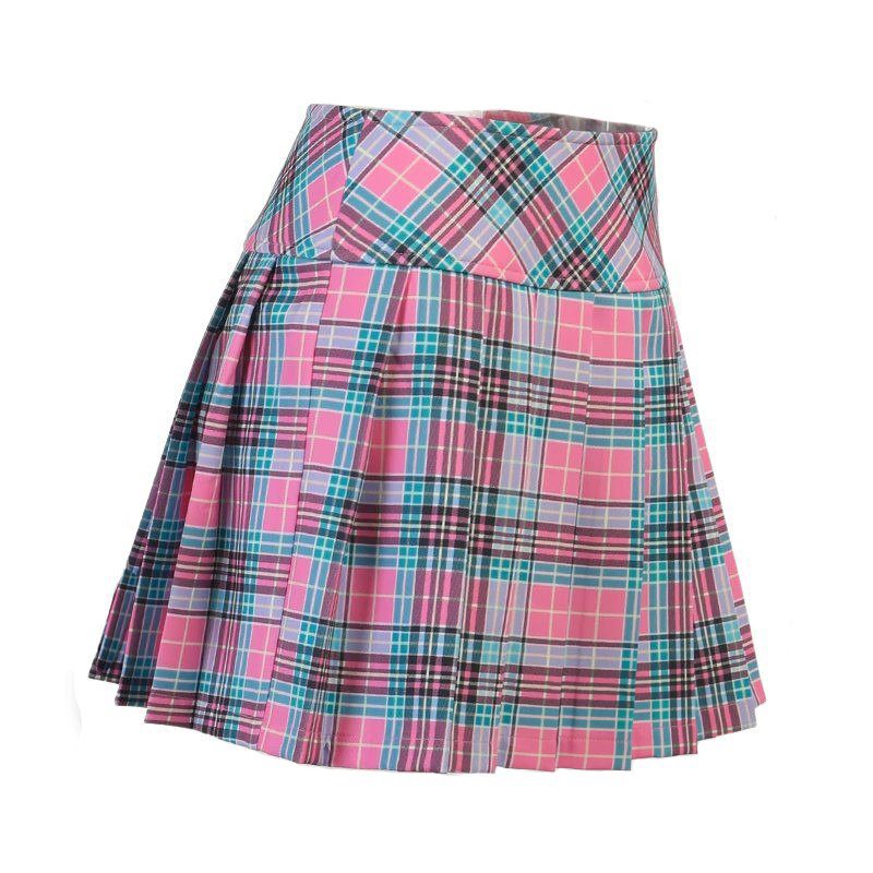 High Waist Pink Plaid Pleated Mini Skirt - Ninja Cosmico