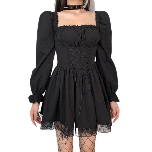 Lace Trim Mini Dress with Corset Black Long Sleeves 2