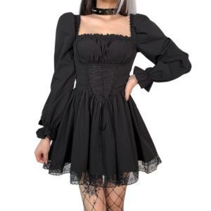 Lace Trim Mini Dress with Corset Black Long Sleeves