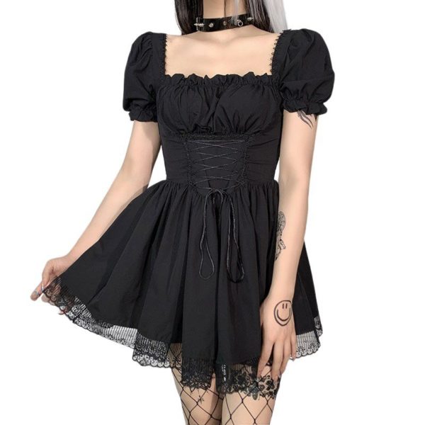 Lace Trim Mini Dress with Corset Black Short Sleeves