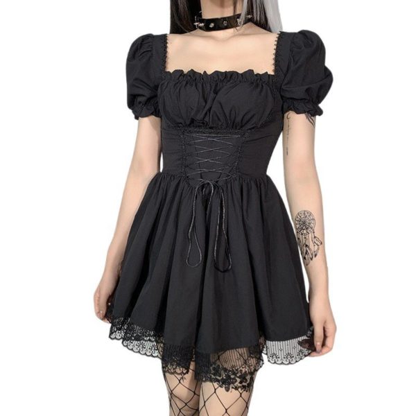 Lace Trim Mini Dress with Corset Black Short Sleeves 2