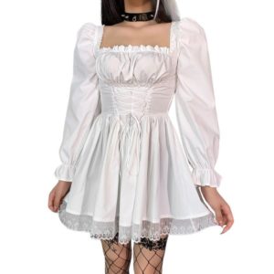 Lace Trim Mini Dress with Corset White Long Sleeves 2