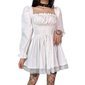 Lace Trim Mini Dress with Corset White Long Sleeves