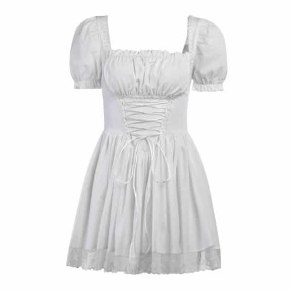Lace Trim Mini Dress with Corset White Short Sleeves Full