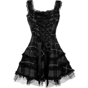Lace Trim Plaid Mini Dress Black