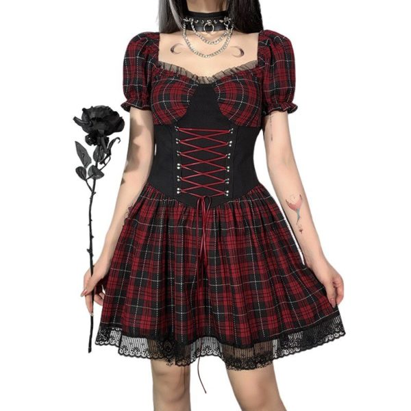 Lace Trim Red Plaid Dress with Corset 2