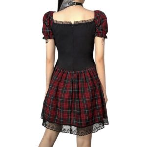 Lace Trim Red Plaid Dress with Corset 3