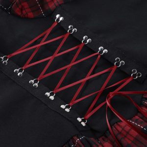 Lace Trim Red Plaid Dress with Corset Details 5