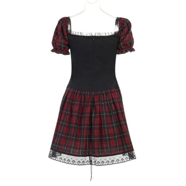 Lace Trim Red Plaid Dress with Corset Full Back