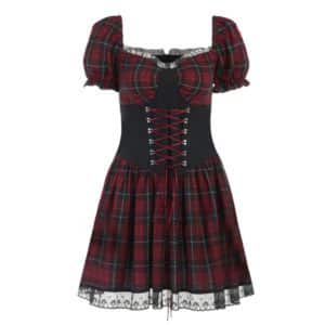 Lace Trim Red Plaid Dress with Corset Full Front