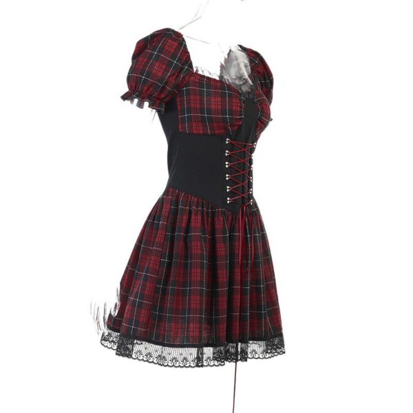 Lace Trim Red Plaid Dress with Corset Full Side