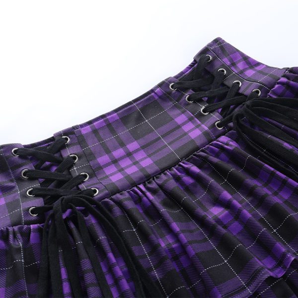 Lace-up Plaid Purple Mini Skirt Details 2