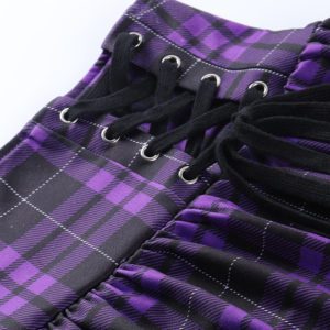Lace-up Plaid Purple Mini Skirt Details 3