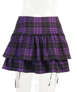 Lace-up Plaid Purple Mini Skirt Full Back