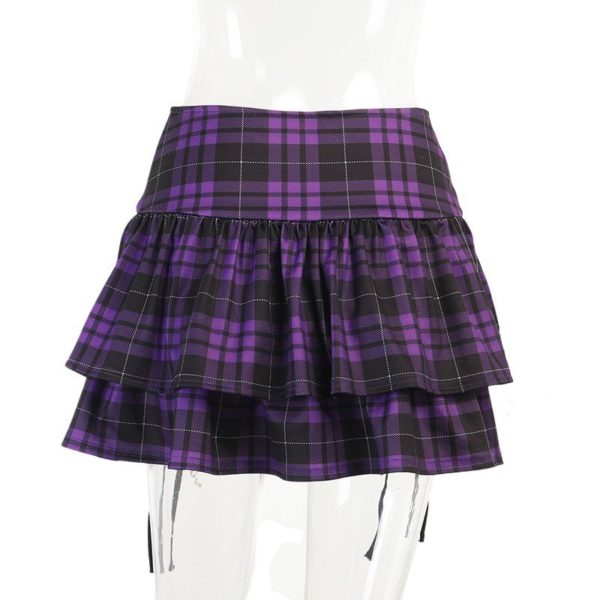 Lace-up Plaid Purple Mini Skirt Full Back