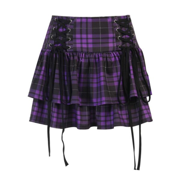 Lace-up Plaid Purple Mini Skirt Full Front