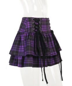 Lace-up Plaid Purple Mini Skirt Full Side