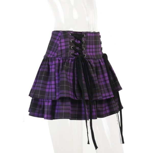 Lace-up Plaid Purple Mini Skirt Full Side