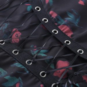 Roses Print Lace up Mesh Dress Details 3