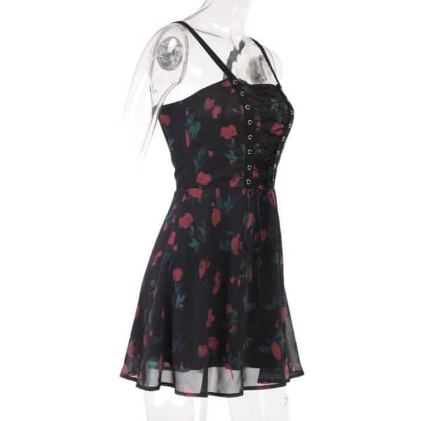 Roses Print Lace up Mesh Dress Side