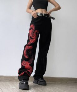 Black Trousers with Red Snake Print