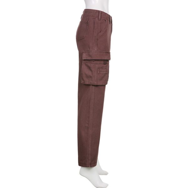 High Waist Brown Cargo Pants with Pockets Full Side 2