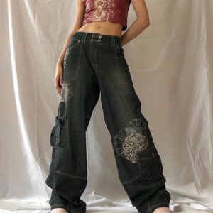Low Waist Baggy Pants with Floral Print