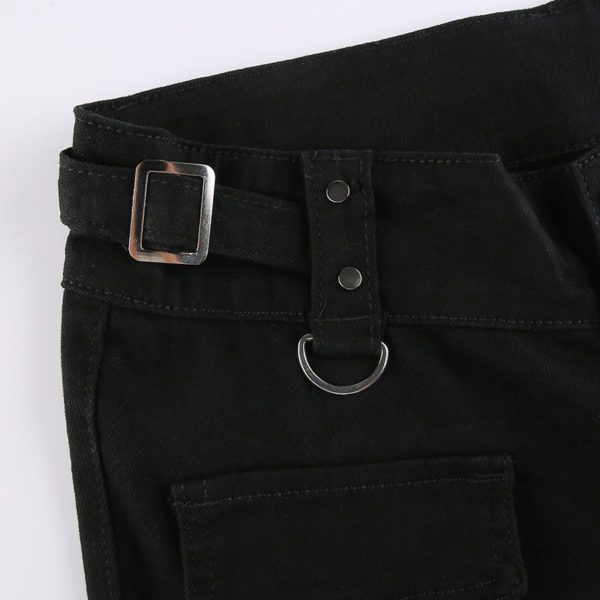 Low Waist Rivet Denim Black Trousers Details 3