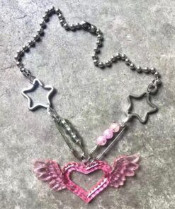 Pink Heart with Wings Necklace Full