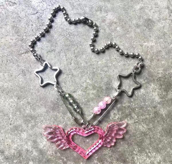 Pink Heart with Wings Necklace Full