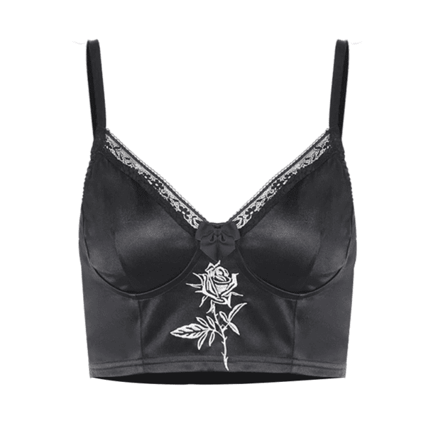 Rose Embroidered Cropped Camisole Black Full