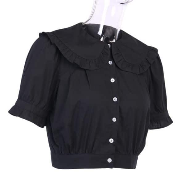 Ruffled Button Up Crop Top Black Full Side