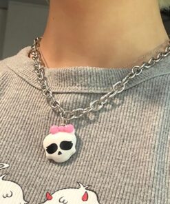 Skull with Pink Bow Pendant Necklace