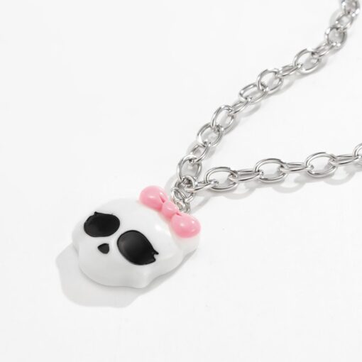 Skull with Pink Bow Pendant Necklace Details
