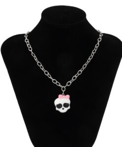 Skull with Pink Bow Pendant Necklace Full